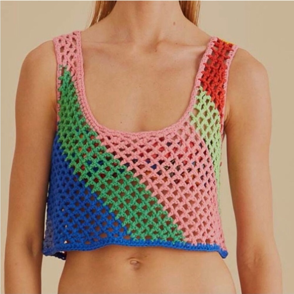 FARM RIO Anthropologie CROCHET Diagonal Stripes CROP TOP Swimsuit Cover Size L